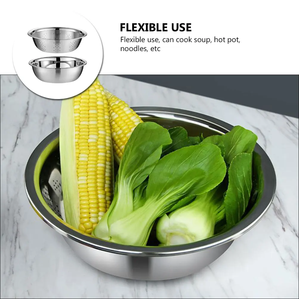 

Stainless Steel Draining Basin Rice Sieve Uniform Filter Holes Easy Water Strain Soup Noodles Hot Pot Kitchen Home Use