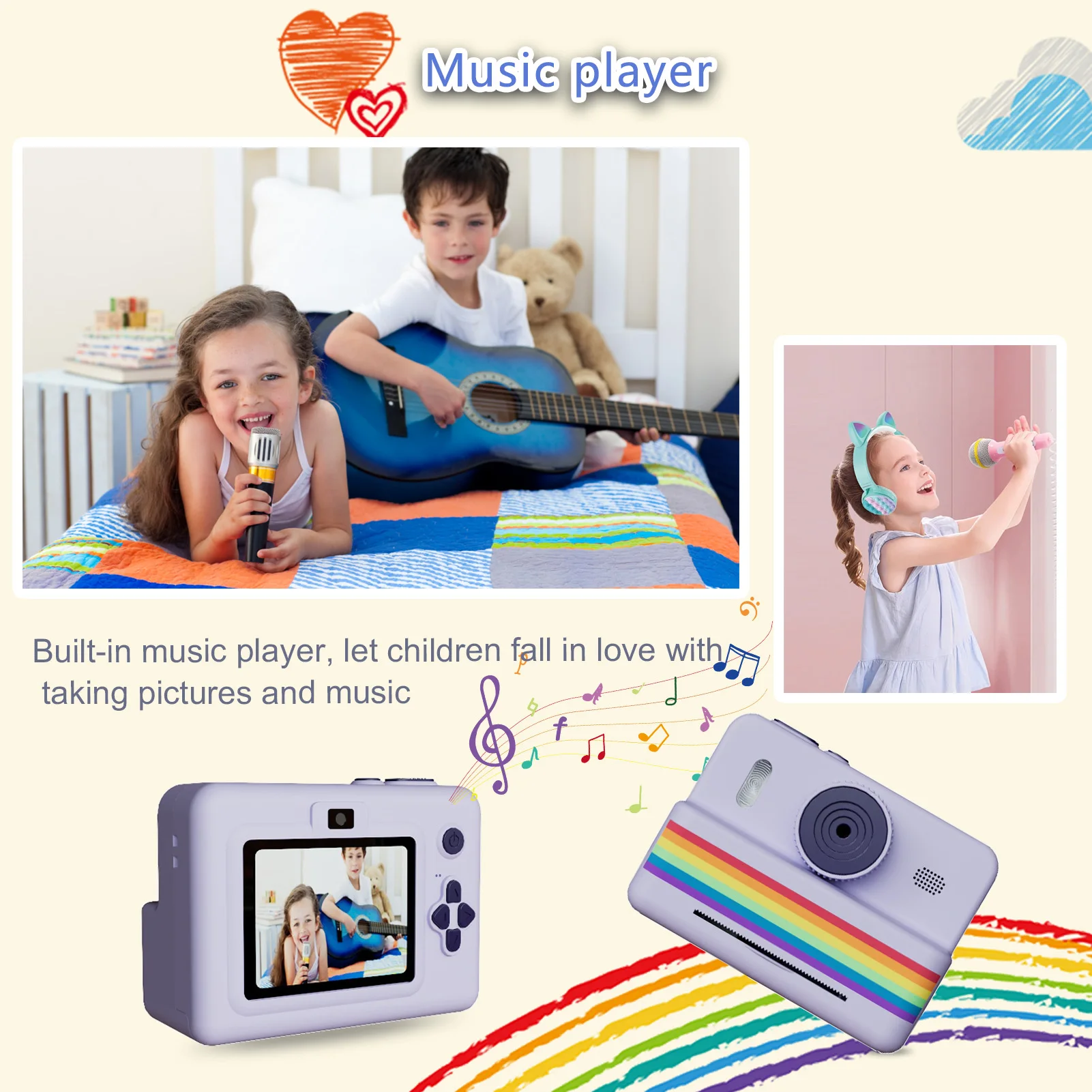 كاميرا أطفال طباعة فورية، شاشة 2.8 بوصة، شحن USB، كاميرا رقمية للأطفال 3 لفات من الورق، ألعاب هدايا عيد الميلاد وأعياد الميلاد