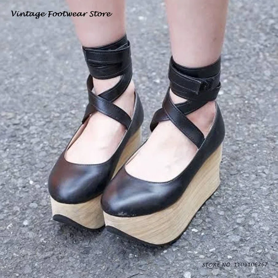 

Cross-strap Wooden Effect Platform Sandals Street Style Cosplay Height Increasing Lolita Shoes Spring Summer Rocking Horse Shoes