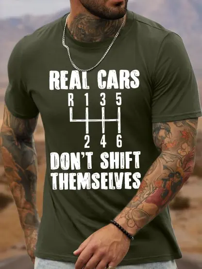 T-Shirt Da Uomo In Cotone Con Stampa Grafica Divertente E Scritte, Modello Casual, Con La Scritta 'Real Cars Don't Shift Themselves'-image