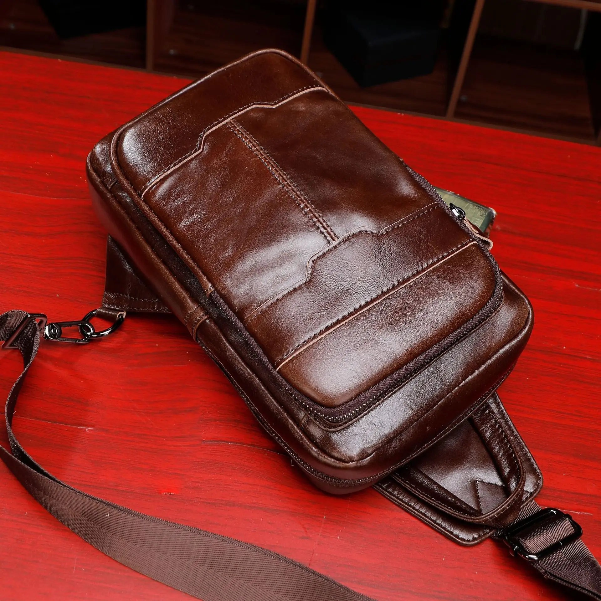 Top-Grain Leather Crossbody Bag for Men - Multi-Compartment Cashier Work Chest Bag