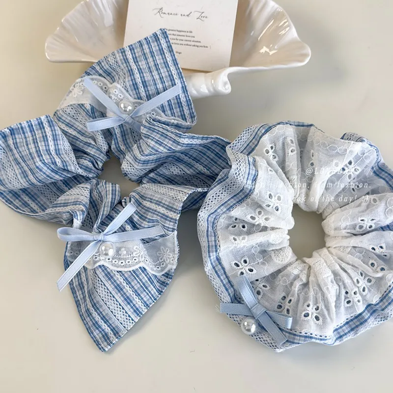 Scrunchie Fabric Blue White Plaid Lace Bow Sweet Spring Hair Tie Bandana Vintage Versatile Daily Wear Premium Soft