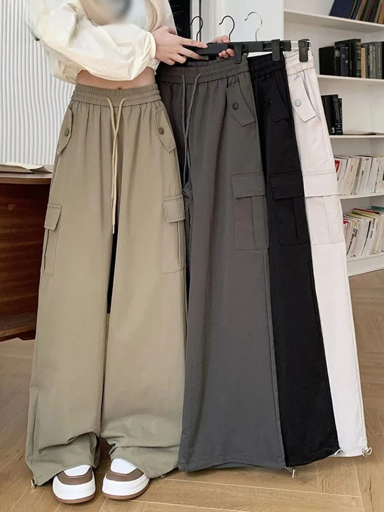 

Oversize 150kg Chic Loose Cargo Pants Women High Waist Casual Wide Leg Pantalones Korean Spring Fall Lace Up Elastic Spodnie New