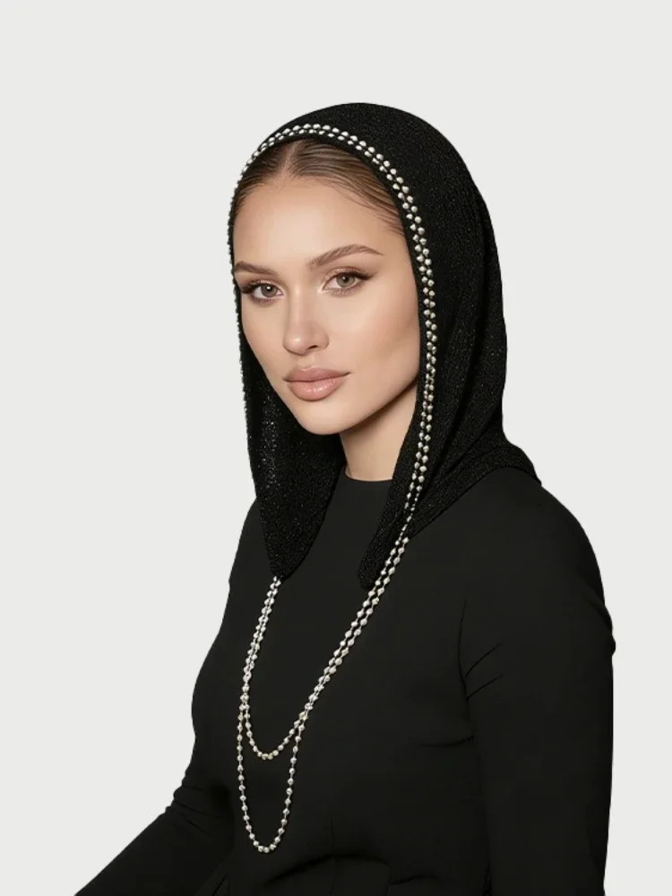 

New Dubai Hood Balaclava Hijab Hat Hand-knitted Hollow Hat, Balaclava Hat Bright Silk Chain Pearl Decoration Bonnet Turban
