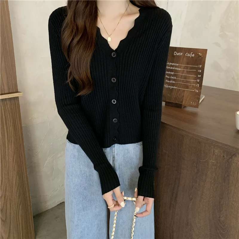 Ribbed Knit Cardigan Sweater for Women Long Sleeve V-Neck Wavy-hem Plain Knit Jacket Teen-girl Fall Winter Basic Outfit