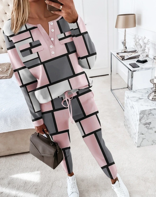 

Womens Two Piece Sets Outfit Geometric Print Buttoned Top & Drawstring Pants Set 2023 Autumn Winter Spring New Fashion Casual