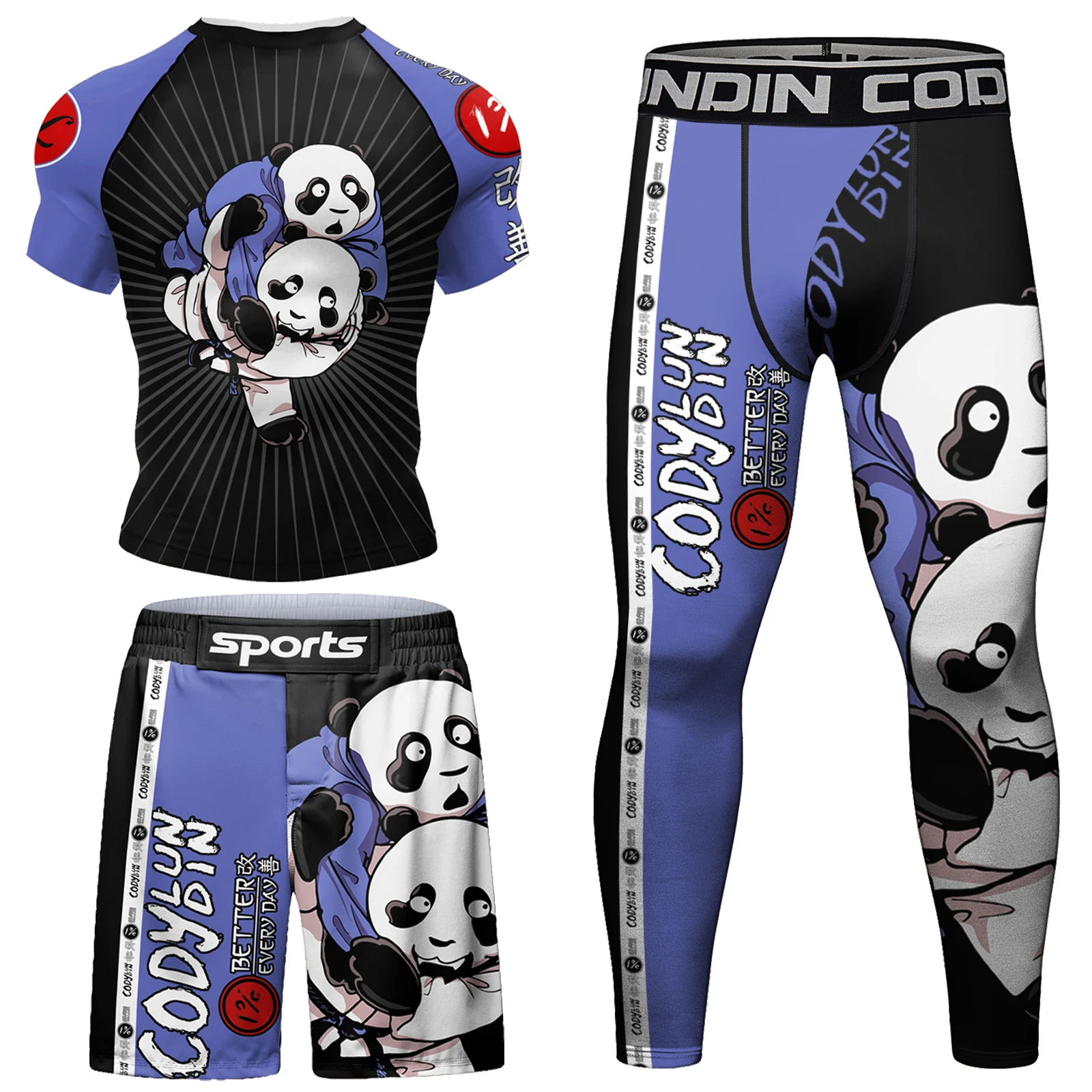 Free Shipping Sports Suit For Jiu jitsu gi No Gi With Printed Panda MMA Tracksuit BJJ Rashguard Grappling Shorts Fightwear Suit