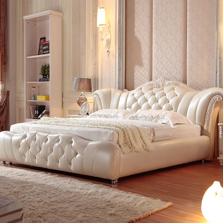 

European style luxury bedroom furniture antique solid wood genuine leather king size hotel beds