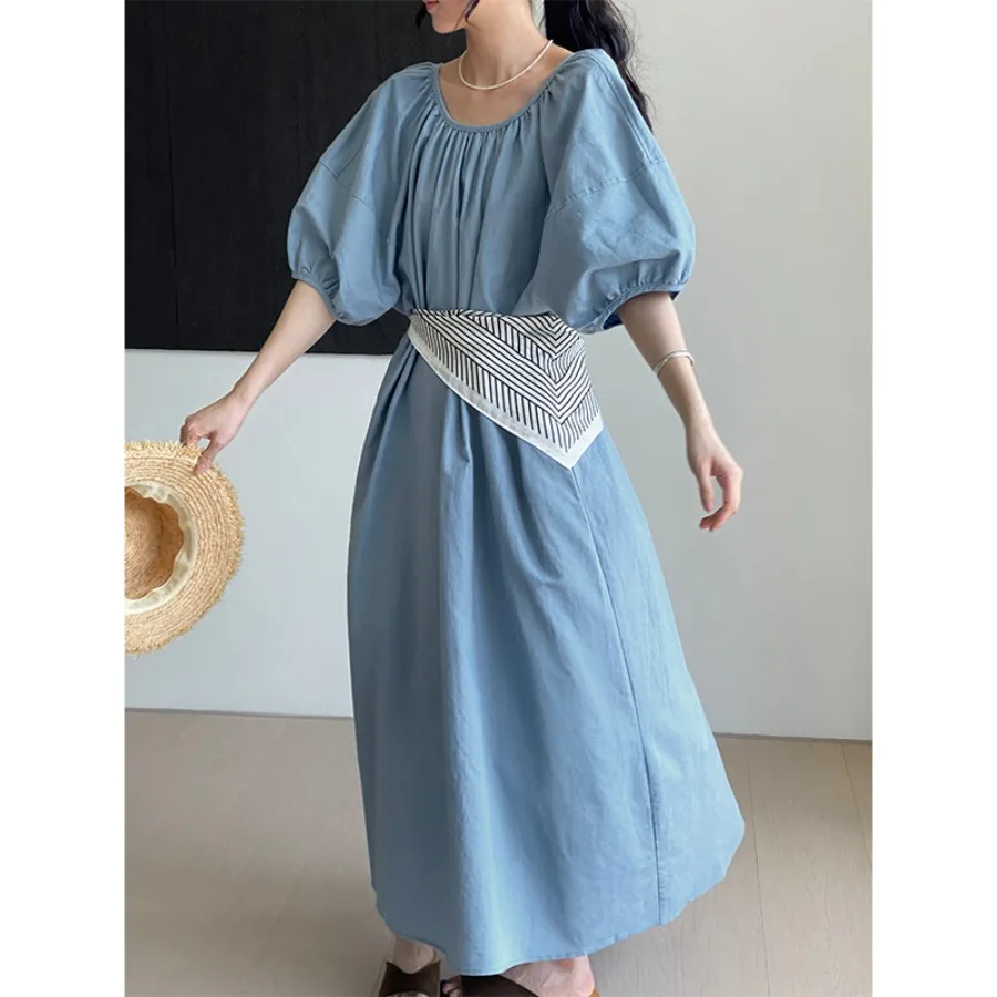 

【New style】Then Dali style cotton and linen round collar bubble sleeve dress for women's loose slimming lace waist long dress 5