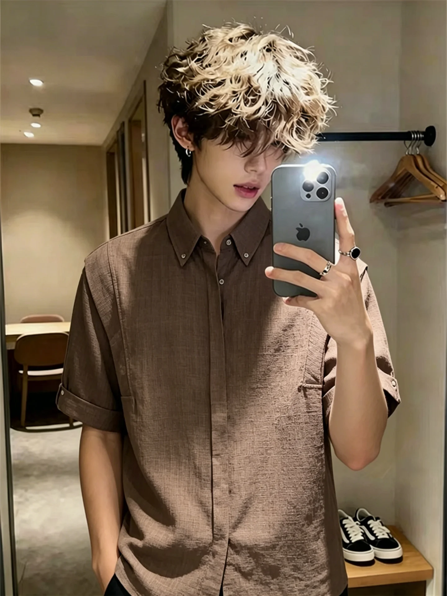 

Café Color Rivet Cotton Linen Short Sleeve Men's Summer Thin Ice Silk Shirt Deconstructed Shoulder Five Sleeve Casual Style