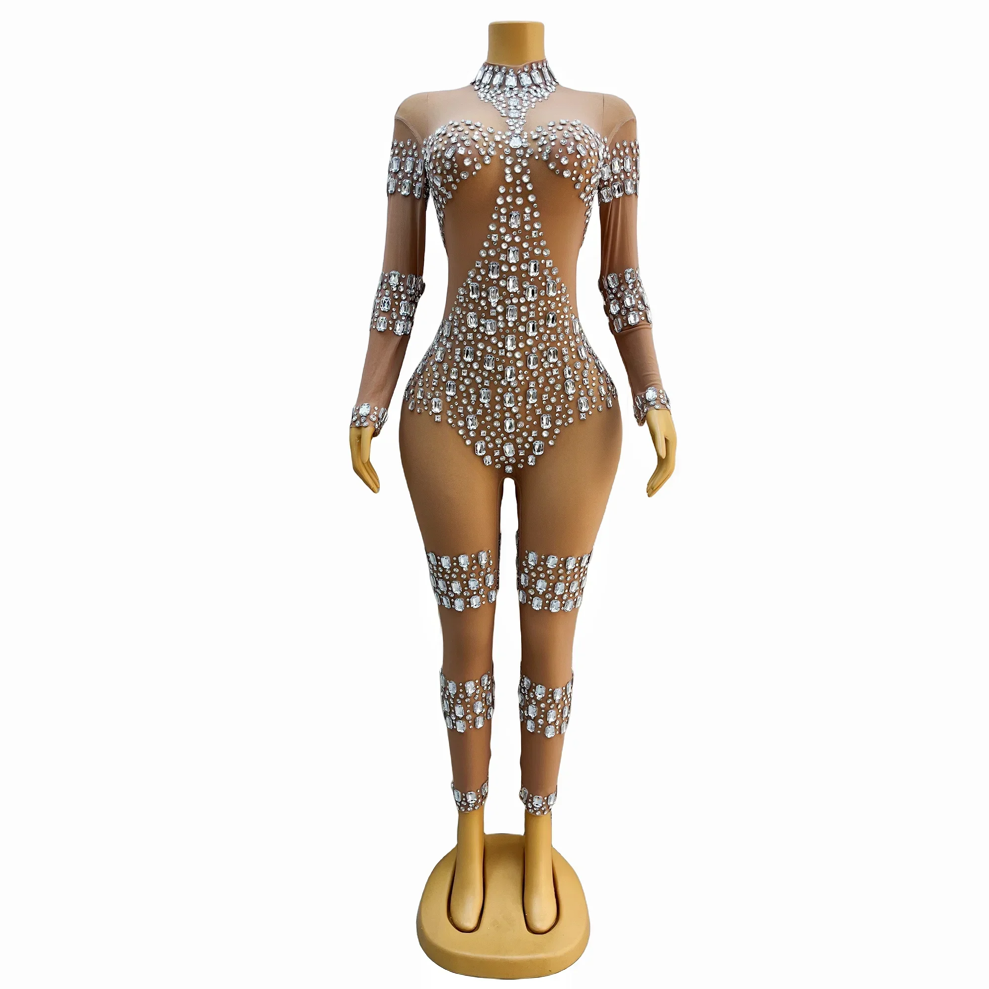 Sparkly Silver Big Rhinestones Transparent Sexy Jumpsuit  Evening Birthday Celebrate Costume Dance Performance Leggings Bodysuit