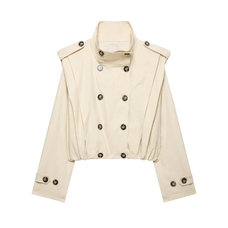 FANAN Women's Windbreaker New 2026 Autumn High Neck Double-Breasted Short Pleated Women's Trench Coat Casual Female Coats
