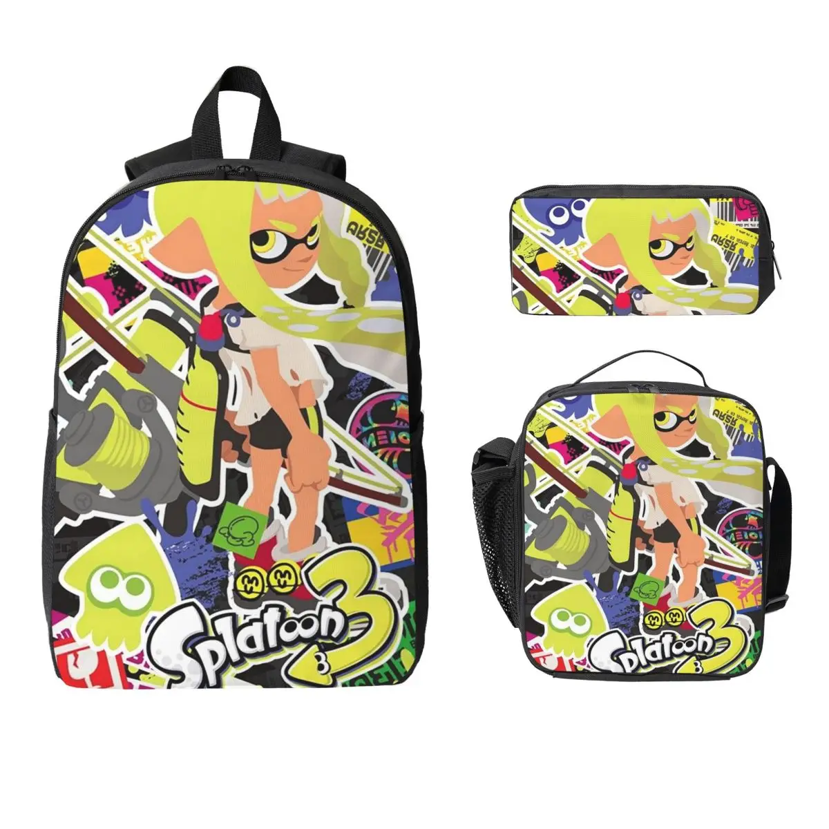 

Популярный игровой рюкзак Splatoon 3 с героями мультфильмов, сумка для книг для мальчиков и девочек, школьная сумка, сумки на плечо для ноутбука, 3 шт., изолированная сумка для обеда, пенал