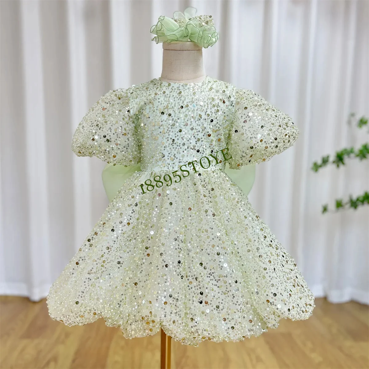 CustomizedLuxury Elegant Shiny Sage Girl Dress Bow Princess Baby Kids Wedding Birthday Party Gown First Communion Pageant