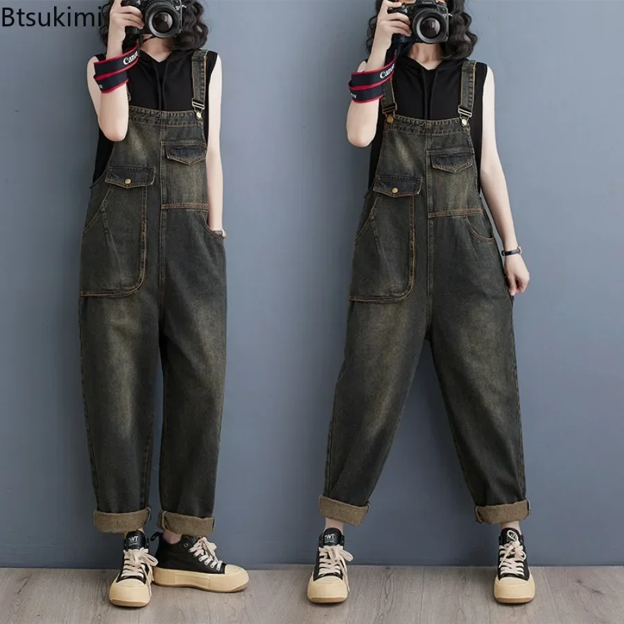 Spring Women's Denim Jumpsuits 2024 Fashion Vintage Oversized Loose Suspender Design Rompers Jeans Overalls Ladies Straps Pants