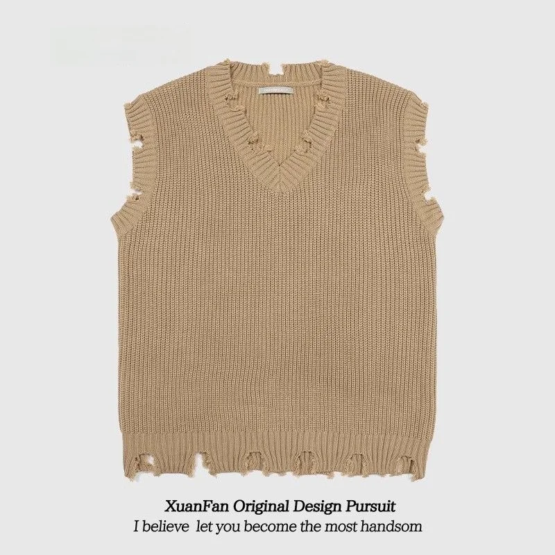 

Американский вязаный жилет в стиле High Street Destroy Design с V-образным вырезом, свободный, в стиле Lazy Sle, для пар, мужской модный бренд, осень 2024