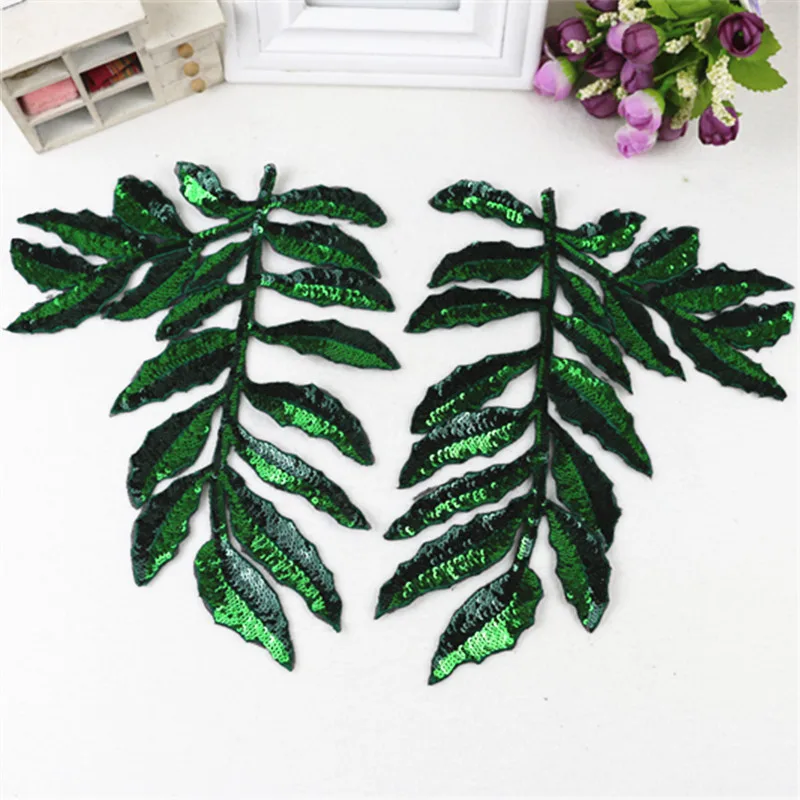 big size green leaf applique sequins patches for clothing parches termoadhesivos para ropa apliques de roupa