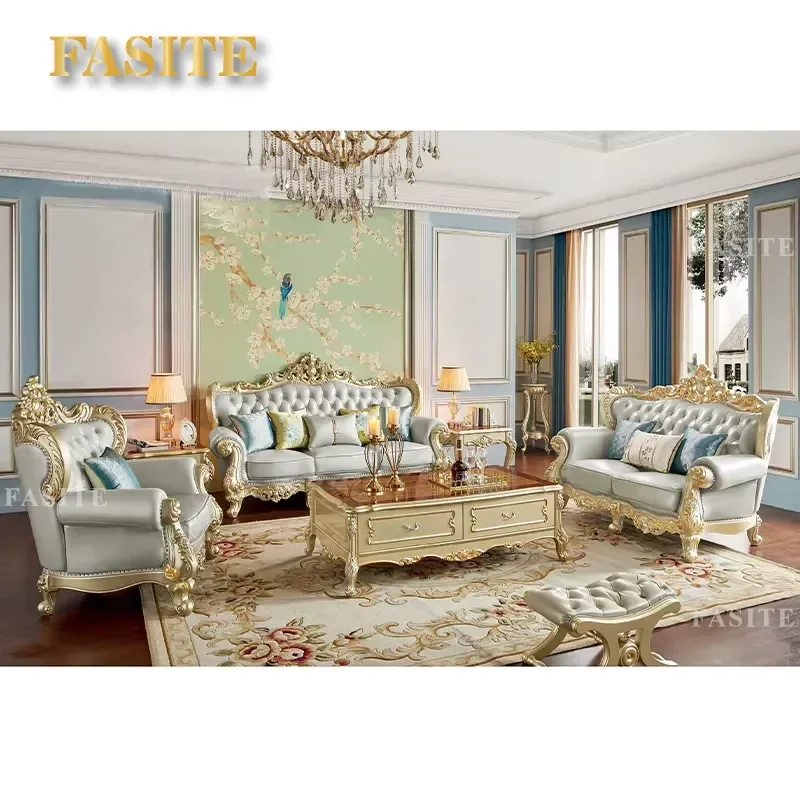 For Classic European French Style Sofa Solid Wood Frame Leather Living Room Furniture Carving Design Comfortable Home Decor