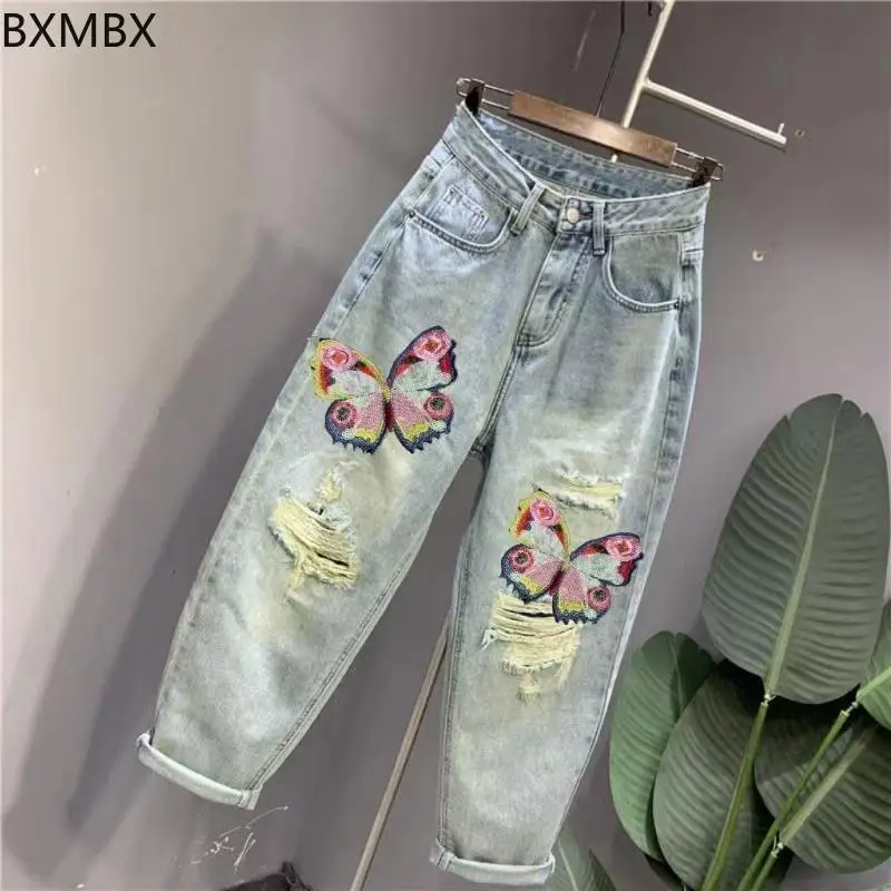 Embroidered butterfly ripped jeans women's casual Harlan pants 100kg large size loose and thin dad pants tide