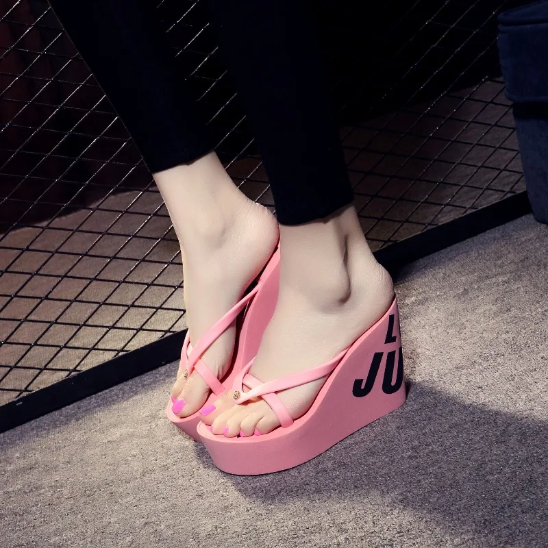 

11CM High Heel Pumps Lady Wedge Platform Non-slip Letter Decoration Slippers Pink Beach Sandals Bohemia Flip Flops Summer 32--43