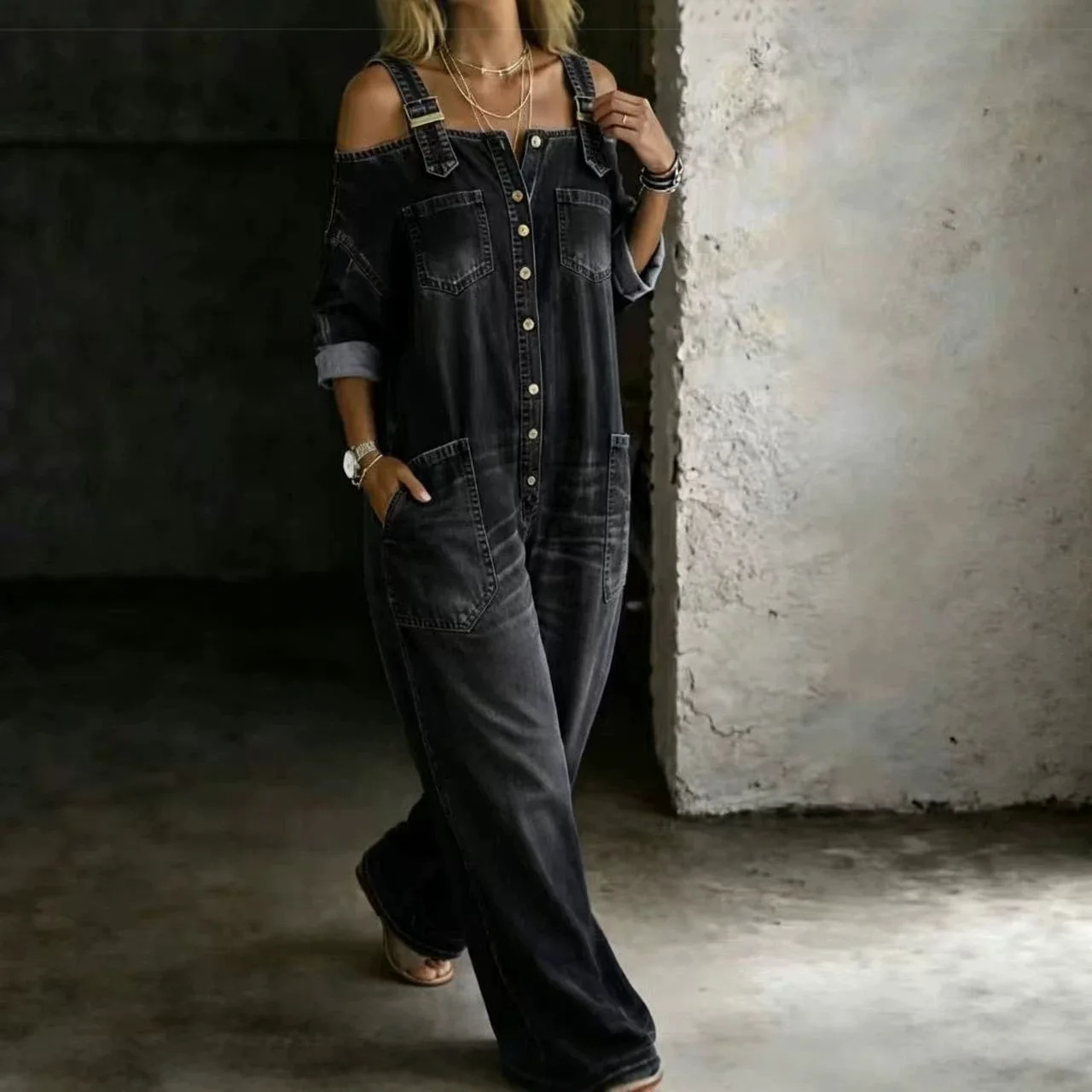 Sexy Off-Shoulder Strap Denim Jumpsuit Women's Overalls Straight Leg Jeans mid Waist Long Pants Regular Thickness