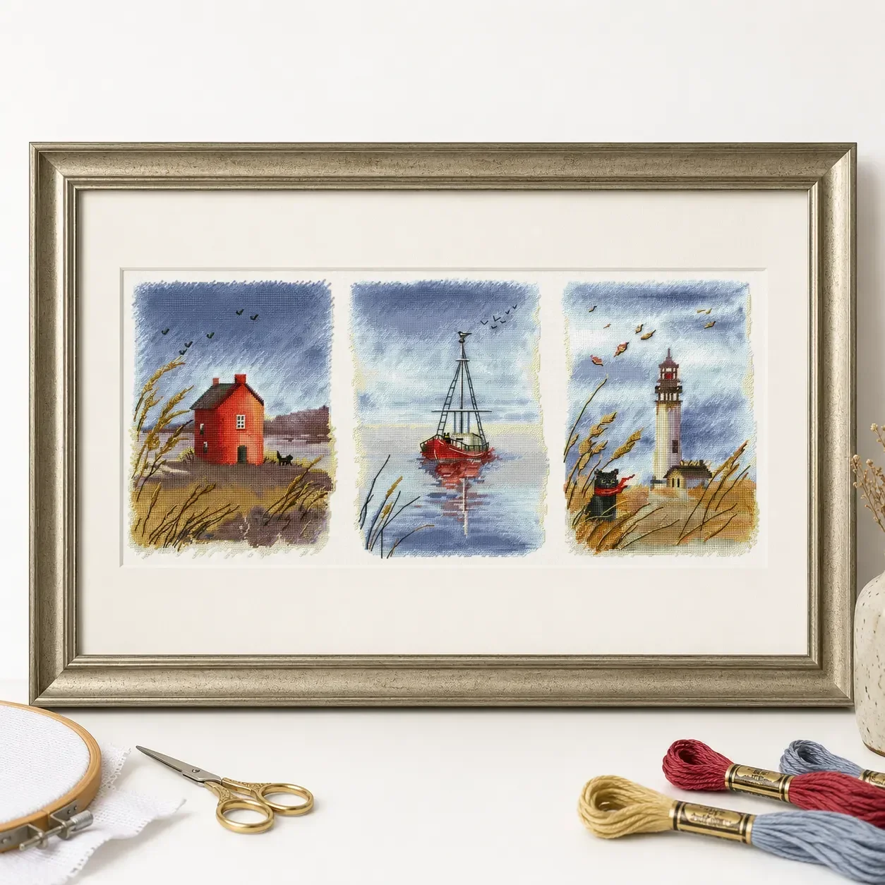 [CC5444-Red House Black Cat Lighthouse Triple]Stamped Cross Stitch Kit for Adults and Kids, Easy Pre-Printed Canvas with Cotton