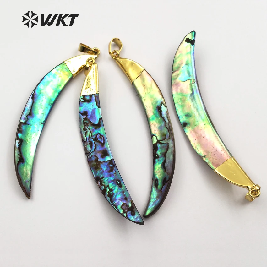 WT-P522 Wholesale Natural Abalone Horn Pendant With Gold Electroplated Cap Beautiful Raw Shell For Women Necklace Handmade