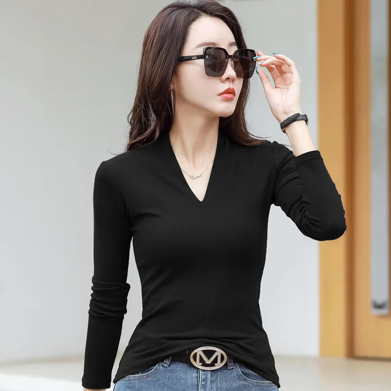 MRMT 2024 Brand New Womens T Shirts Long-Sleeved v-Neck Sexy Bottoming Shirt Women Tops Slim T-Shirt Woman Tees Knit Sweater