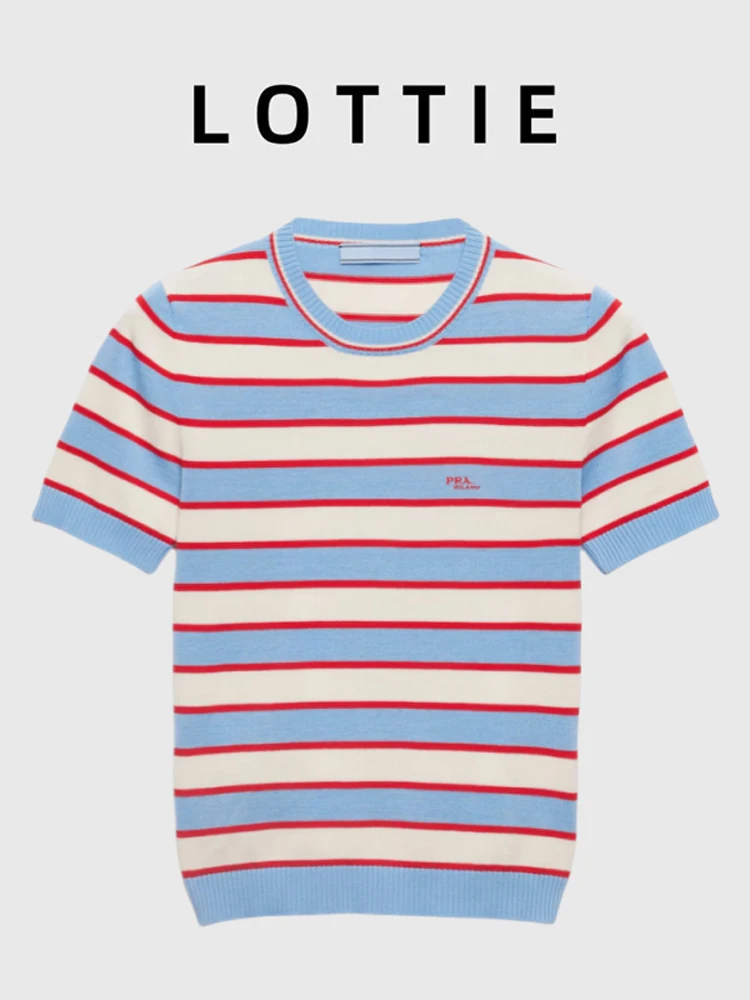 

Новый вязаный топ Lottie High-Defn с вышивкой букв, в полоску, красно-сине-белый, с круглым вырезом и коротким рукавом, весна-лето