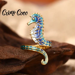 Cring Coco Fashion Stainless Steel Ring Seahorse Snake Retro Charm Elegant Women's Jewelry Party Gift Open Ring 2024 New Edition