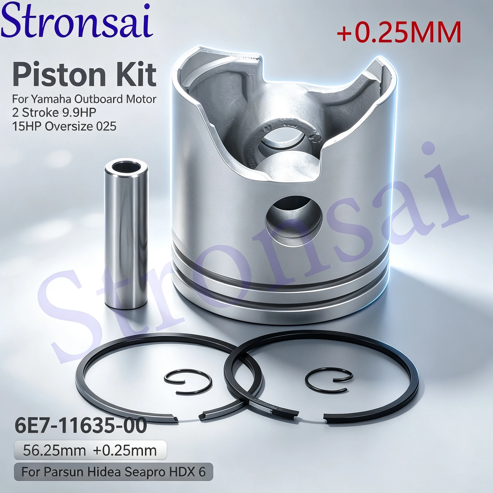 Piston Kit 6E7-11635-00 56.25mm +0.25mm Oversize 025 For Yamaha Parsun Hidea Seapro HDX 2 Stroke 9.9HP 15HP Replacement