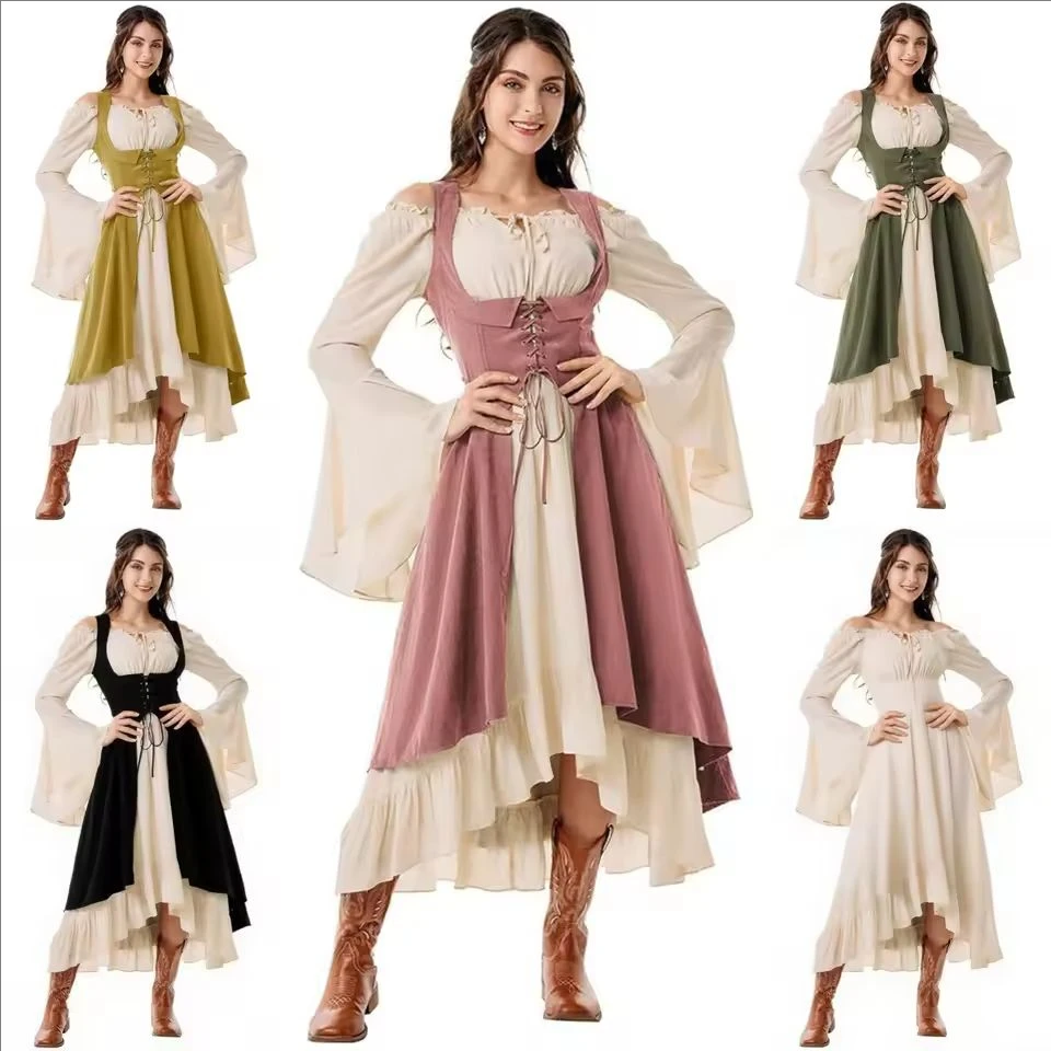 

Womens Vintage Cosplay Party Costumes Halloween Pirate Costume Captain Huntress Clubwear Corset Dresses Renaissance GothicLong