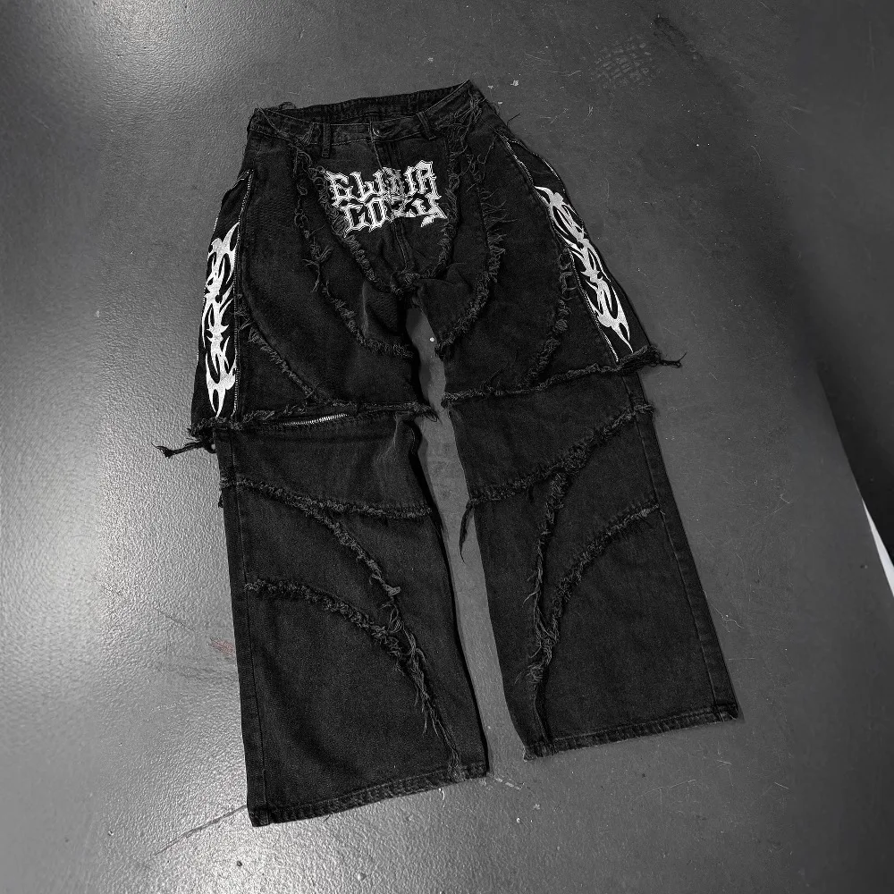 

Men's Fashion Y2K Jeans American Retro Zipper Patchwork Loose Fit Striped Embroidered Frayed Hem Denim Pants