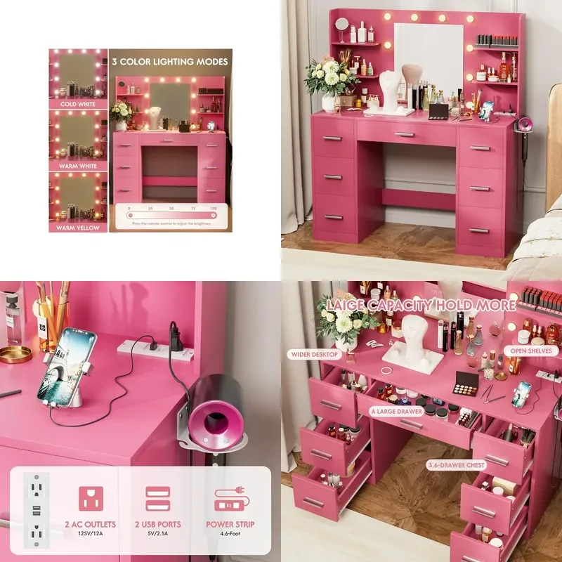 LED Mirror Dresser with Power Socket 7 Drawers Storage Cabinet for Bedroom Vanity Table Makeup Desk Organizer Furniture