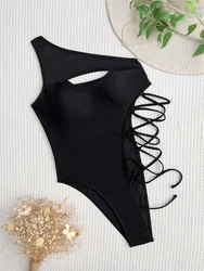 Bikini con coulisse taglio alto nero Sexy scava fuori il costume da bagno di lusso Cross Bandage Monokini Punk Swimwear donna Bath Beach Swim Suit