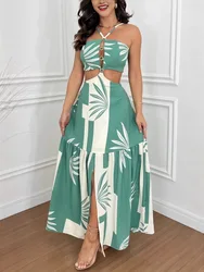 New Fashion Summer Casual Tropical Print Backless Maxi Dresses Sexy Hollow Halter Elegant Lady Vacation Female Long Sundress