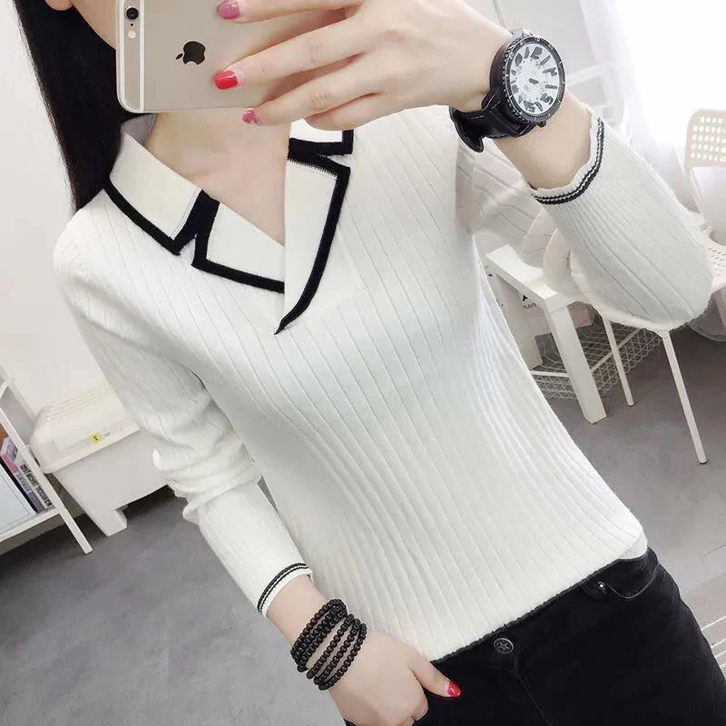 Women\'s Korean Elegant V-neck Slim Contrast Color Knitted Sweaters Autumn Winter Long Sleeve Pullovers Basic Ladies Tops Jumpers