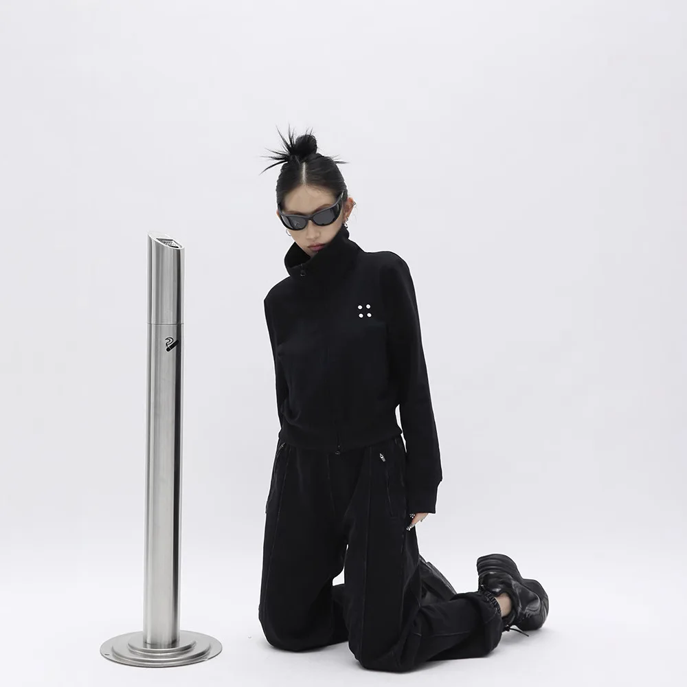 Minimalistyczna i uniwersalna cienka kurtka sportowa na jesień i zimę 2025, sweter z podwójnym zamkiem błyskawicznym, krótki płaszcz ze stójką.