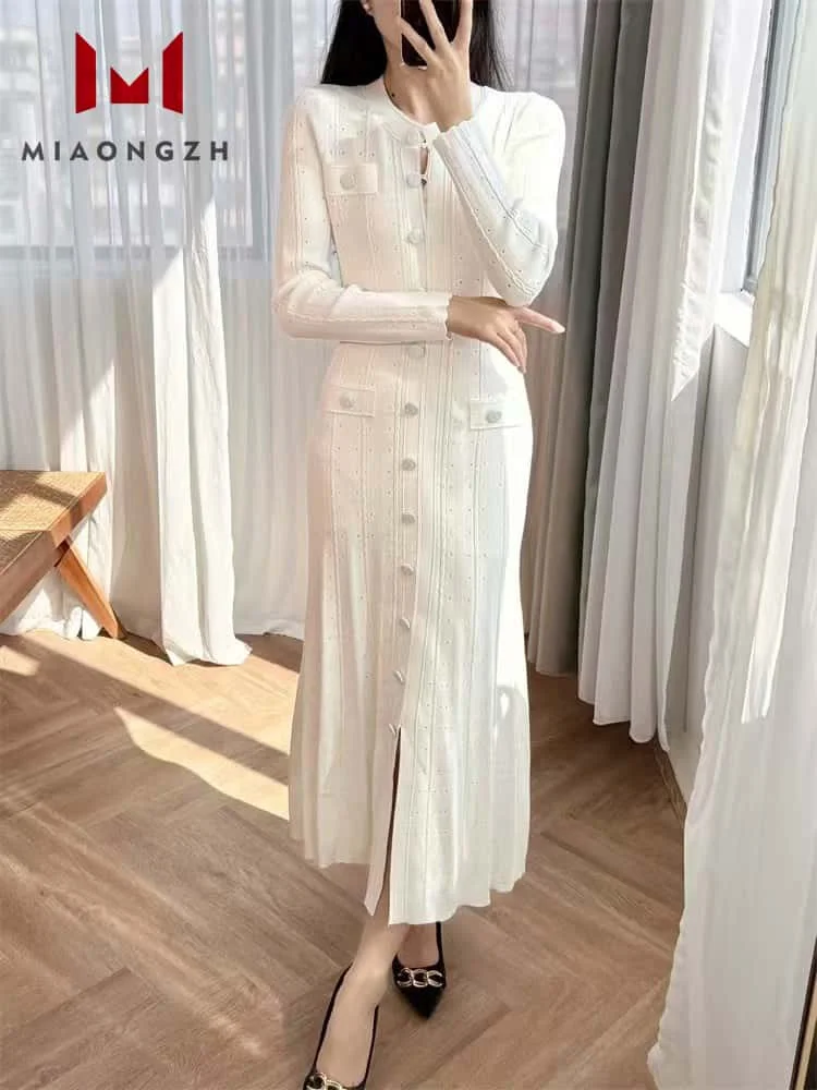 

2025 Hollow Vintage Knitted Dresses For Women Long Sleeve Spring Slim Fashion O Neck White Party Dress French Female Clothing