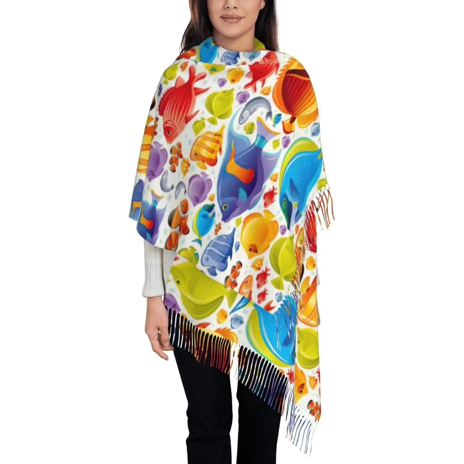 

Шарф с кисточками и принтом рыбы из мультфильма для мужчин и женщин, мягкие длинные модные подарочные шарфы, кашемировая накидка-шаль