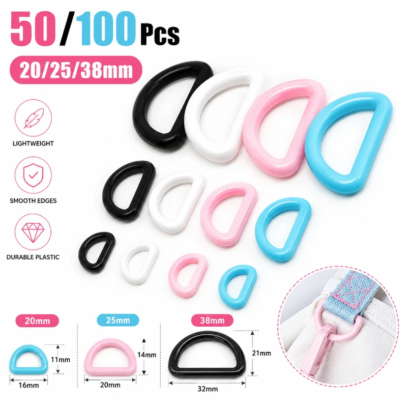 50/100Pcs 20/25/38mm Colorful Plastic D Ring Buckles for Bag Strap Webbing Pet Collar Garment DIY Sewing Craft Hardware Parts