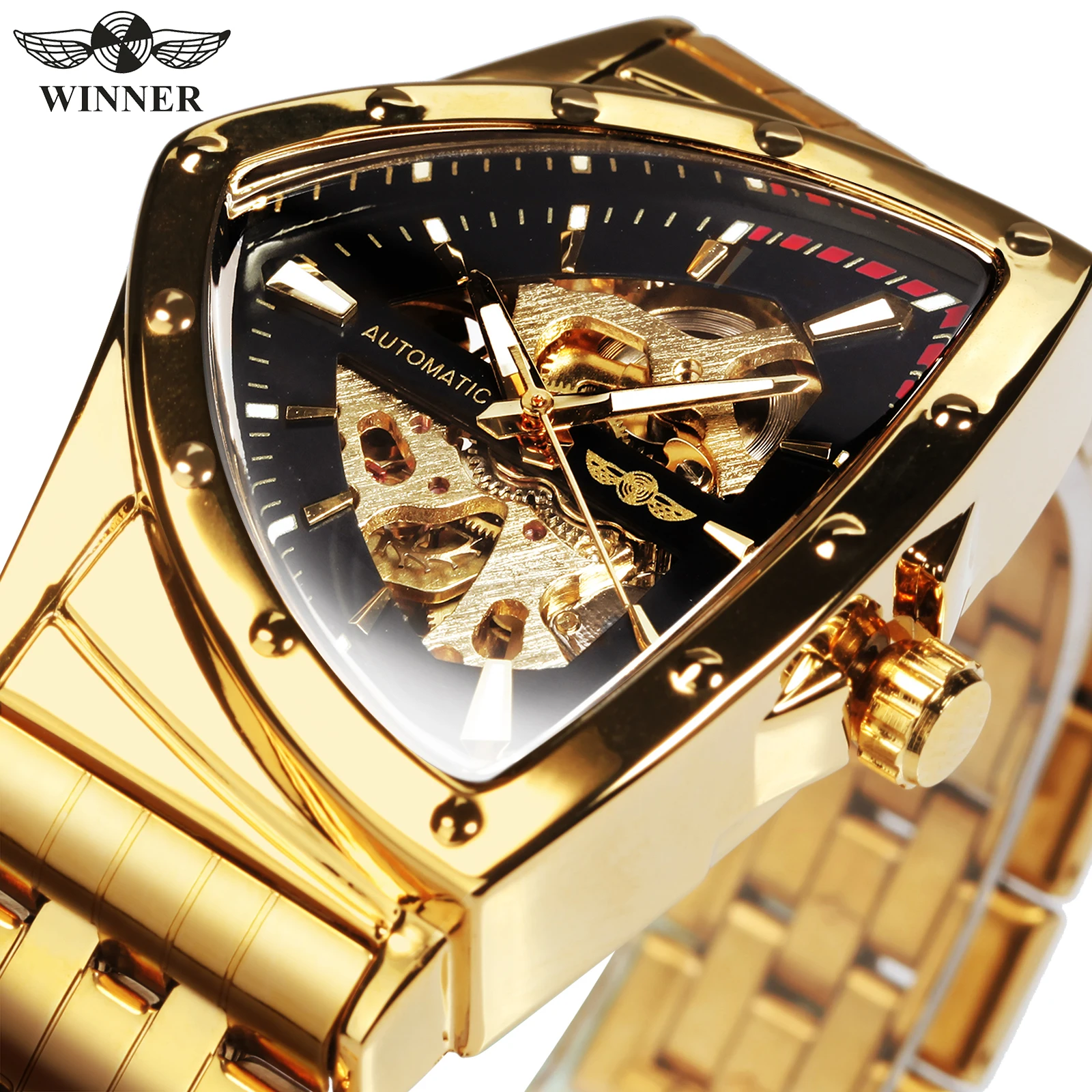 

WINNER Triangle Skeleton Automatic Watch for Men Luminous Hands Military Stainless Steel Strap Luxury Gold Mechanical Watches