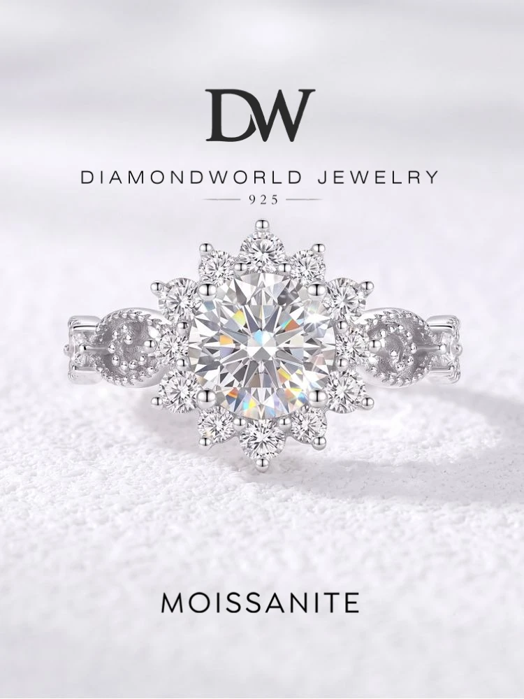 DWJ 1CT zertifizierter Moissanit-Diamant, kreisförmiger Sonnenblumenring für Damen, Alltagskleidung, echter 925er-Sterlingsilber, luxuriöser edler Schmuck