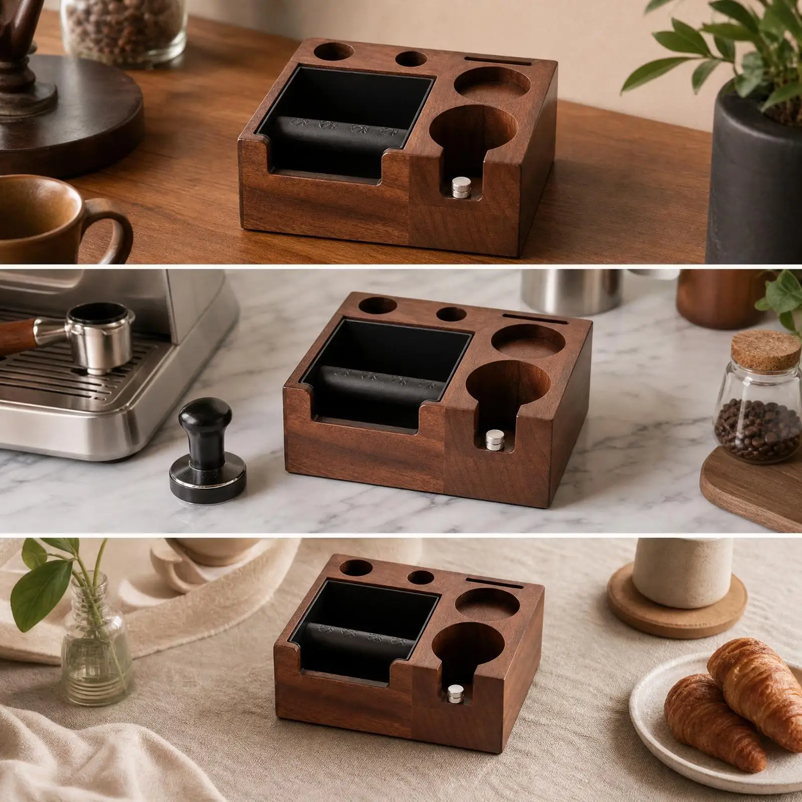 Espresso Knock Box Walnut Finish Grounds Container with Adjustable Height Screw for 51 58mm Portafilter