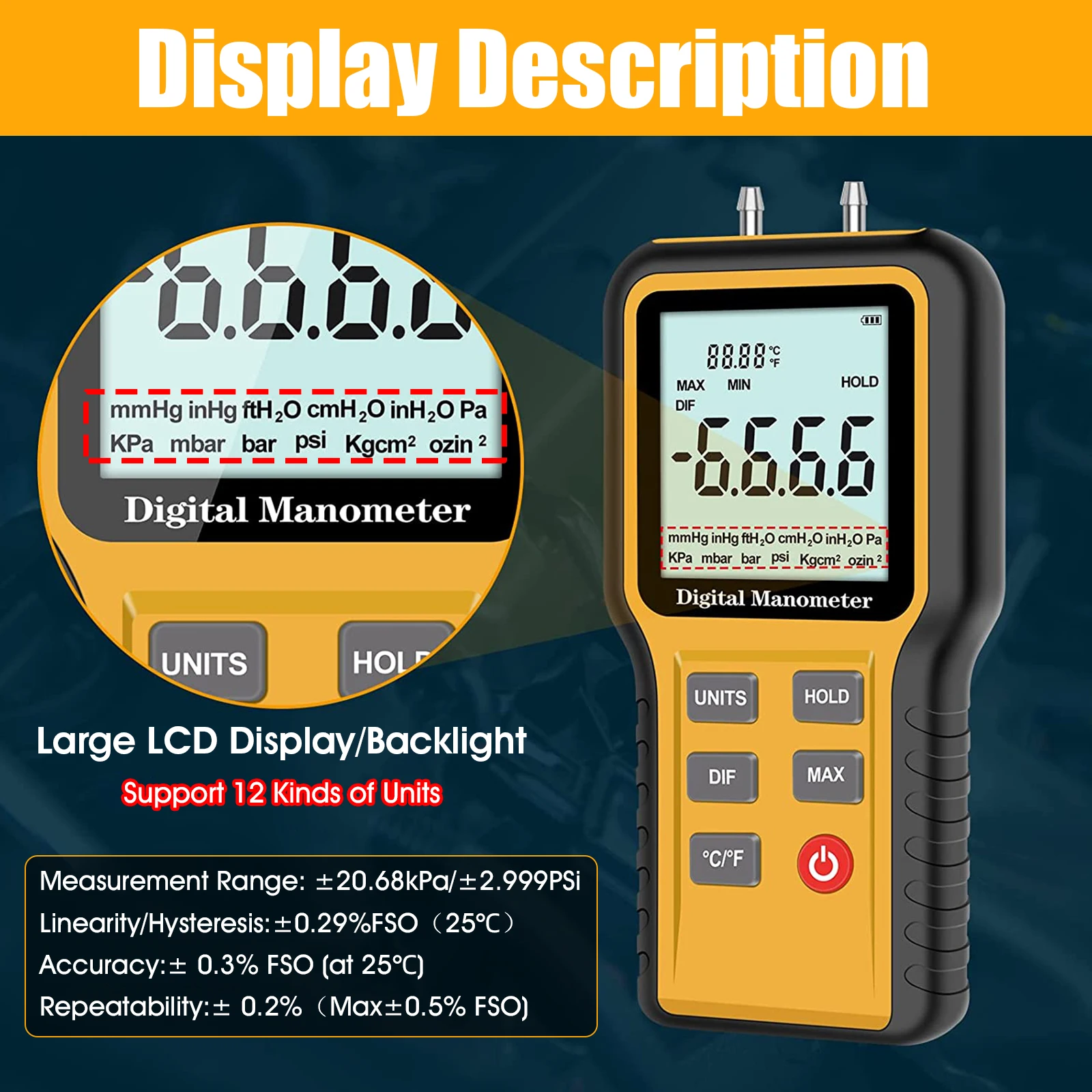 QX-1201 Digital Differential Pressure Manometer HVAC Air Pressure Gauge Dual Port Gas Tester Multi Units 0.5s Fast Response
