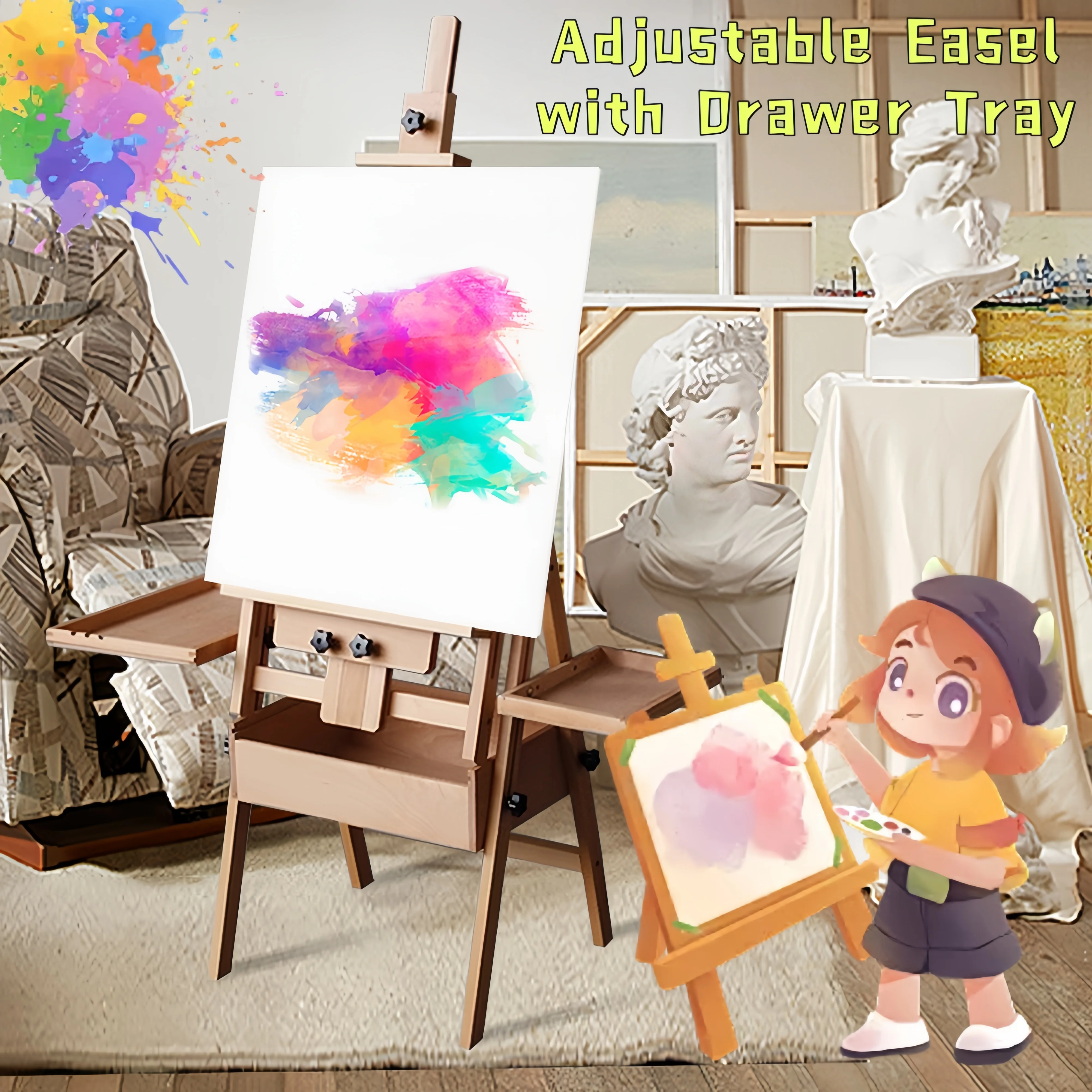 새로운 프랑스식 이젤 미술 용품 스튜디오 이젤, 아티스트 수납 서랍이 있는 높이 조절 가능한 유화 전시 스탠드