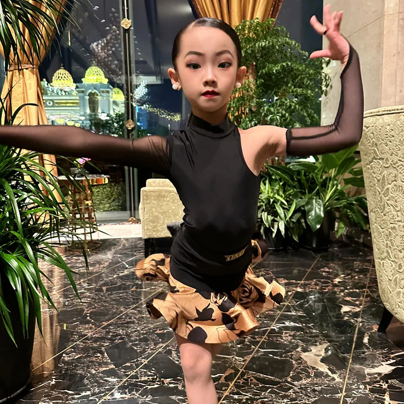 Customized Latin Dance Suit Practice Dress Girls' Professional Competition Performance Dress Black Mesh Printed Skirt Top Set