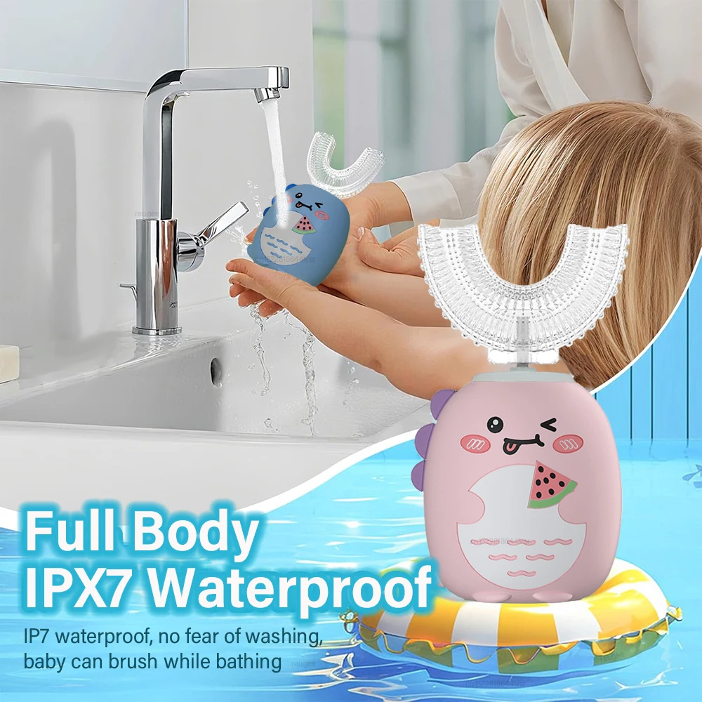 Children U-shaped Electric Toothbrush 360°Automatic Electric Toothbrush Rechargeable Smart Blue Light IPX7 SiliconeToothbrush