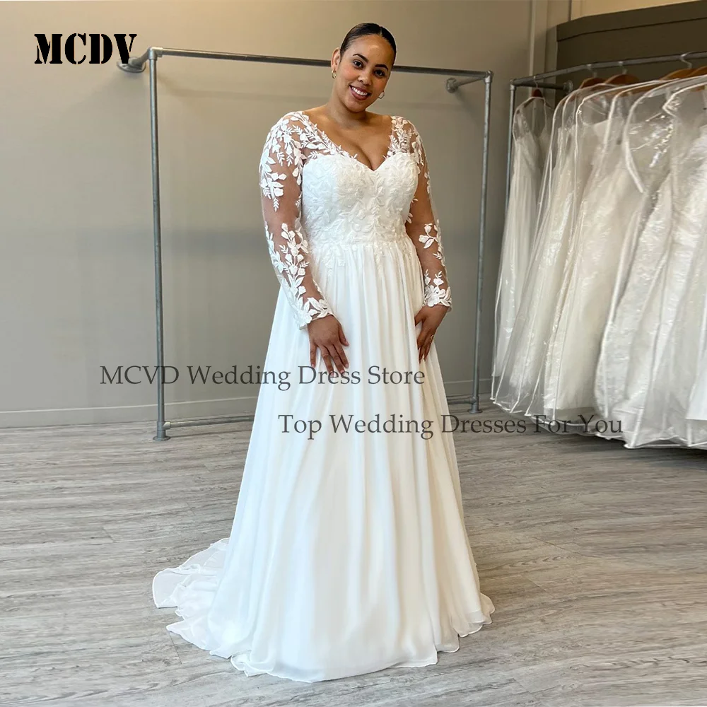فساتين زفاف شيفون MCDV على شكل حرف v وأكمام طويلة بدون ظهر فساتين العروس المدنية مزينة رداء de mariée grande taille مخصصة