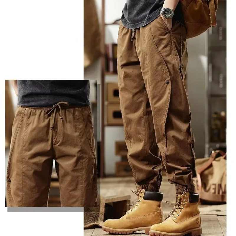 Men's Vintage Cuffed Leg Cargo Pants Autumn Wide Leg Heavyweight Outdoor Camping Casual Pants  Trousers